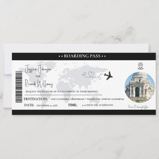 Zwart Bruiloft uitnodiging Boarding pass ticket (Voorkant)