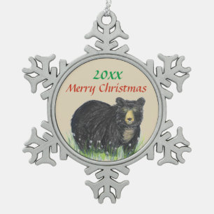 Zwart bruin beer, Vrolijk kerstfeest aangepaste da Tin Sneeuwvlok Ornament