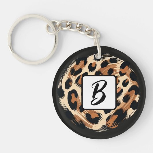 Zwart bruin crème geschilderd Leopard Animal Print Sleutelhanger (Voorkant)