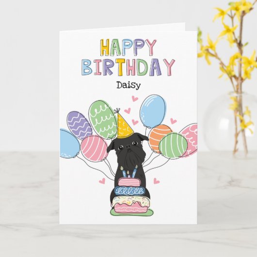 Zwart Brussels Griffon Dog Verjaardag Kaart (Gele Bloem)