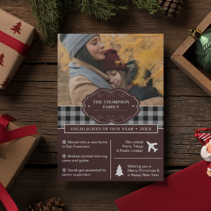 Zwart Buffalo Plaid Jaaroverzicht Kerstfoto Feestdagenkaart