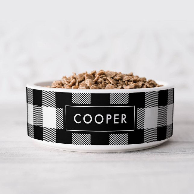 Zwart Buffel Controleer Naam Monogram Voerbakje (Creator heeft geüpload)