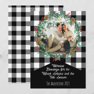 Zwart Buffel geruite foto krans Yule Solstice Feestdagenkaart