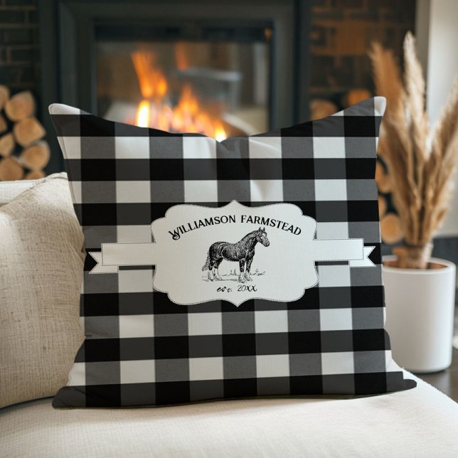 Zwart Buffelpaard Plaid Boerderij Kussen (Black Buffalo Plaid Farm Horse Throw Pillow)