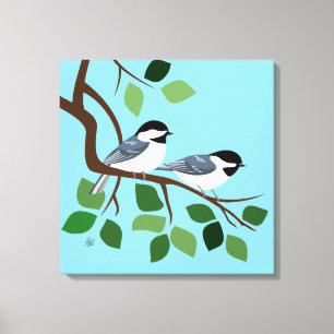 Zwart Capped Chickadees In Tree Canvas Afdruk