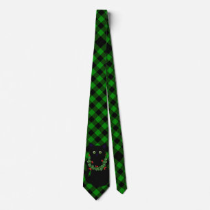 Zwart Cat Meowy Kerstmis Holly garland plaid Stropdas