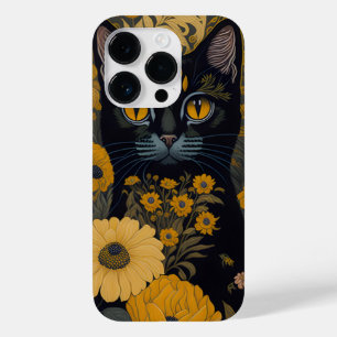 Zwart Cat Yellow Eyes Flowers Case-Mate iPhone 14 Pro Hoesje