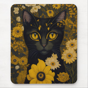 Zwart Cat Yellow Eyes  Flowers Muismat