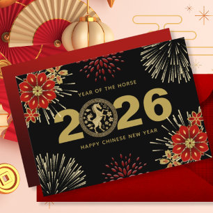 Zwart Chinees Nieuwjaar van het Paard Feestdagenkaart