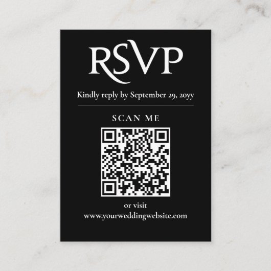 Zwart Chique Moderne RSVP QR code bruiloft Informatiekaartje (Voorkant)