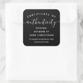 Zwart Chique Script Certificaat van echtheid Vierkante Sticker (Tas)