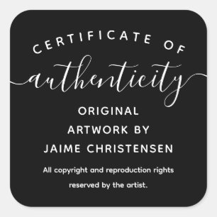 Zwart Chique Script Certificaat van echtheid Vierkante Sticker