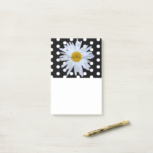 Zwart Chique Wit Polka Dots Daisy Custom Post-it® Notes (Op bureau)
