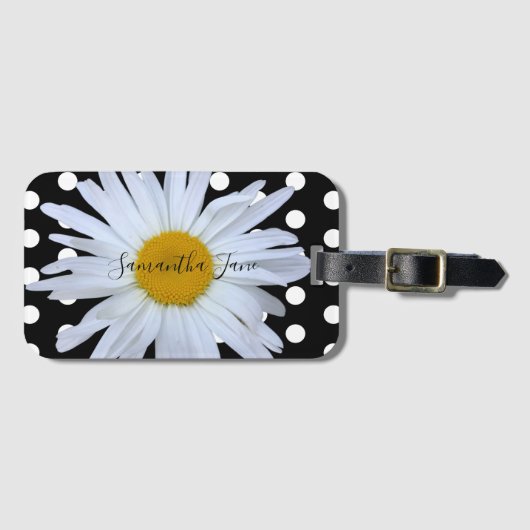 Zwart Chique Wit Polka Dots Fun Daisy Custom Bagagelabel (Voorkant (horizontaal))