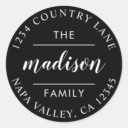 Zwart Cirkelschrift Maak Je Eigen Retouradres Ronde Sticker (Voorkant)