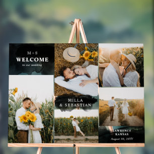 Zwart Clean Modern Initialen & 5 foto's Welkom Acryl Bord