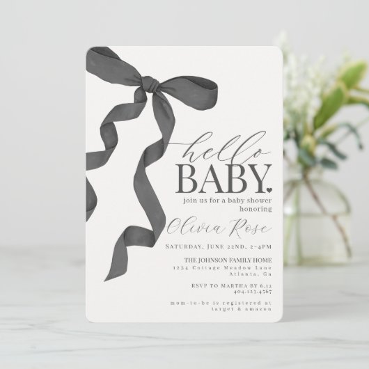 Zwart Coquette Bow Meisje Baby shower Invite (Staand voorkant)