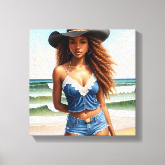 Zwart Cowgirl Koper Hair Beach Canvas Afdruk (Voorkant)