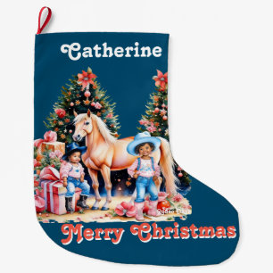Zwart Cowgirl Winter Scène Paard Vrolijk Kerstfees Grote Kerstsok