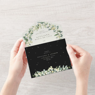 Zwart/Cream Snowberry + Eucalyptus Bruiloft All In One Uitnodiging