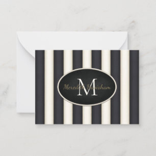 Zwart & Cream Stripes Ovaal ingelijst Monogram Cus Notitiekaartje