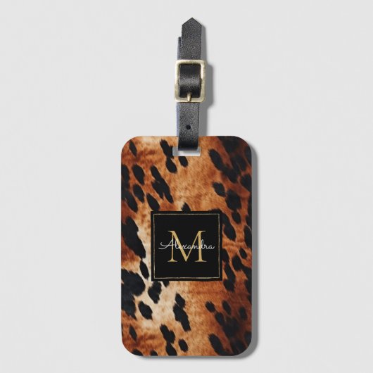 Zwart Crème Bruin Koeienhuid Goud Monogram Bagagelabel (Voorkant (verticaal))