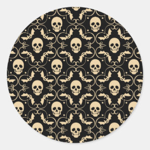 Zwart & Crème Halloween Schedels & Vleermuizen Fee Ronde Sticker
