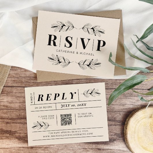 Zwart & Crème Retro Wedding QR Code RSVP Informatiekaartje