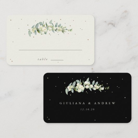 Zwart/crème sneeuwbes + eucalyptus bruiloft plat plaatskaartje (Voorkant / Achterkant)