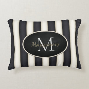 Zwart & crème strepen Ovaal ingelijst Monogram Accent Kussen
