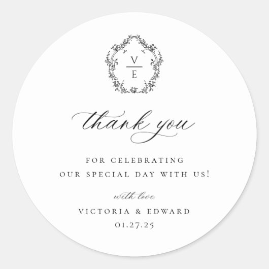  zwart crest monogram bruiloft dank u ronde sticker (Voorkant)