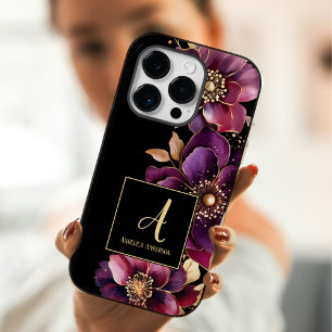 Zwart Custom Monogram Paarse Bloemen Case-Mate iPhone 14 Pro Hoesje