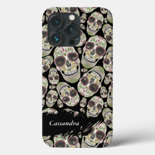 Zwart Dag van de Doden Schedels Patroon iPhone 13 Pro Hoesje