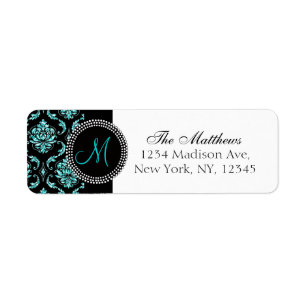 Zwart Damask Aqua Glitter Gedrukt Monogram Etiket