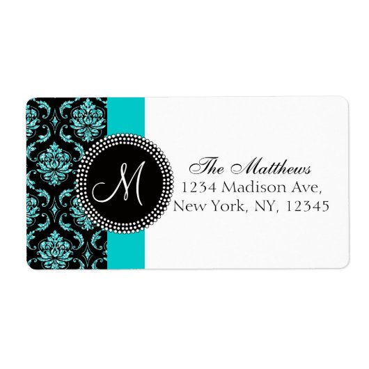 Zwart Damask Blauwgroen Glitter Gedrukt Monogram Etiket (Voorkant)