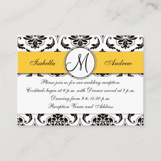 Zwart Damask Geel bruiloft Receptie Kaart (Voorkant)