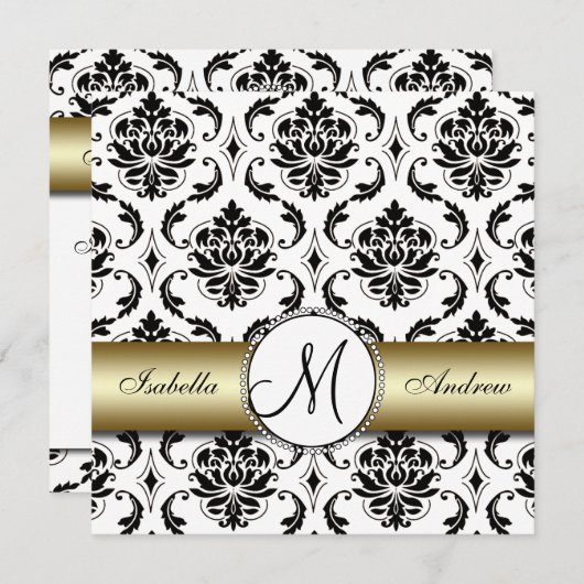Zwart Damask Goud Bruiloft Uitnodiging (Voorkant / Achterkant)