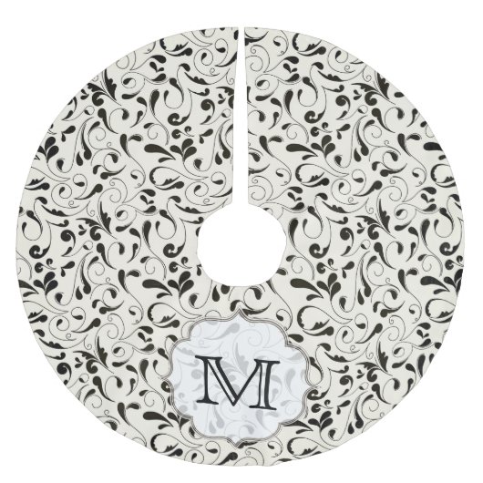 Zwart Damask Lace Monogram Initiaal Tree Rok Kerstboom Rok (Voorkant)