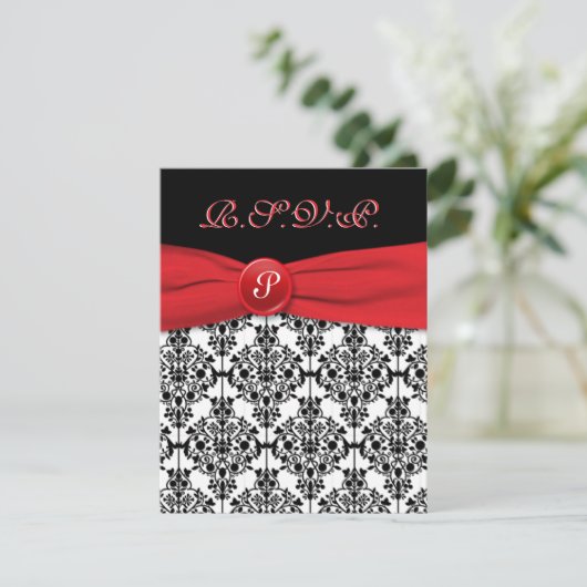 Zwart Damask met Poppy Red RSVP-kaart RSVP Kaartje (Staand voorkant)