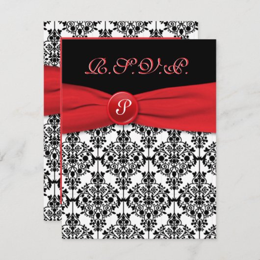 Zwart Damask met Poppy Red RSVP-kaart RSVP Kaartje (Voorkant / Achterkant)