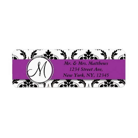 Zwart Damask Paarse Monogram Retouradres Etiket (Voorkant)
