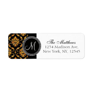 Zwart Damask Sinaasappel Glitter Gedrukt Monogram Etiket