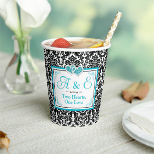 Zwart Damask, Turquoise twee harten, een liefde Papieren Bekers