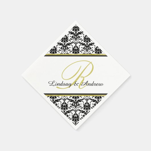 Zwart Damask Wit Goud Monogram Huwelijk Servetten (Hoek)