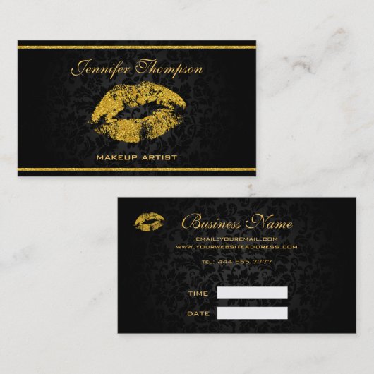 Zwart Damasks Gouden Lippen Visitekaartje (Voorkant / Achterkant)