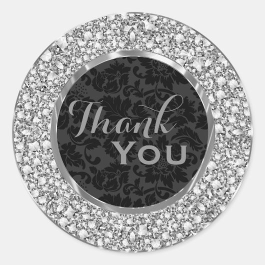 Zwart Damasks Sparkling Diamonds Glitter Ronde Sticker (Voorkant)