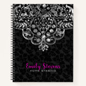 Zwart Damasks Zilveren Kant Notitieboek (Voorkant)