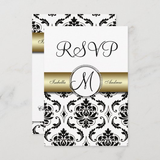 Zwart Damast Goud Bruiloft RSVP (Voorkant / Achterkant)