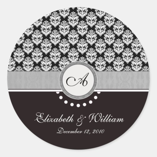 Zwart Damast Monogram Bruiloft sticker (Voorkant)