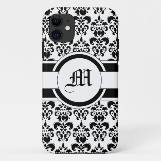 Zwart damast & monogram Case-Mate iPhone case (Achterkant)